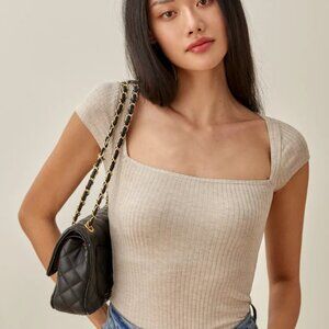 Reformation Beige Ribbed Short Sleeve Top